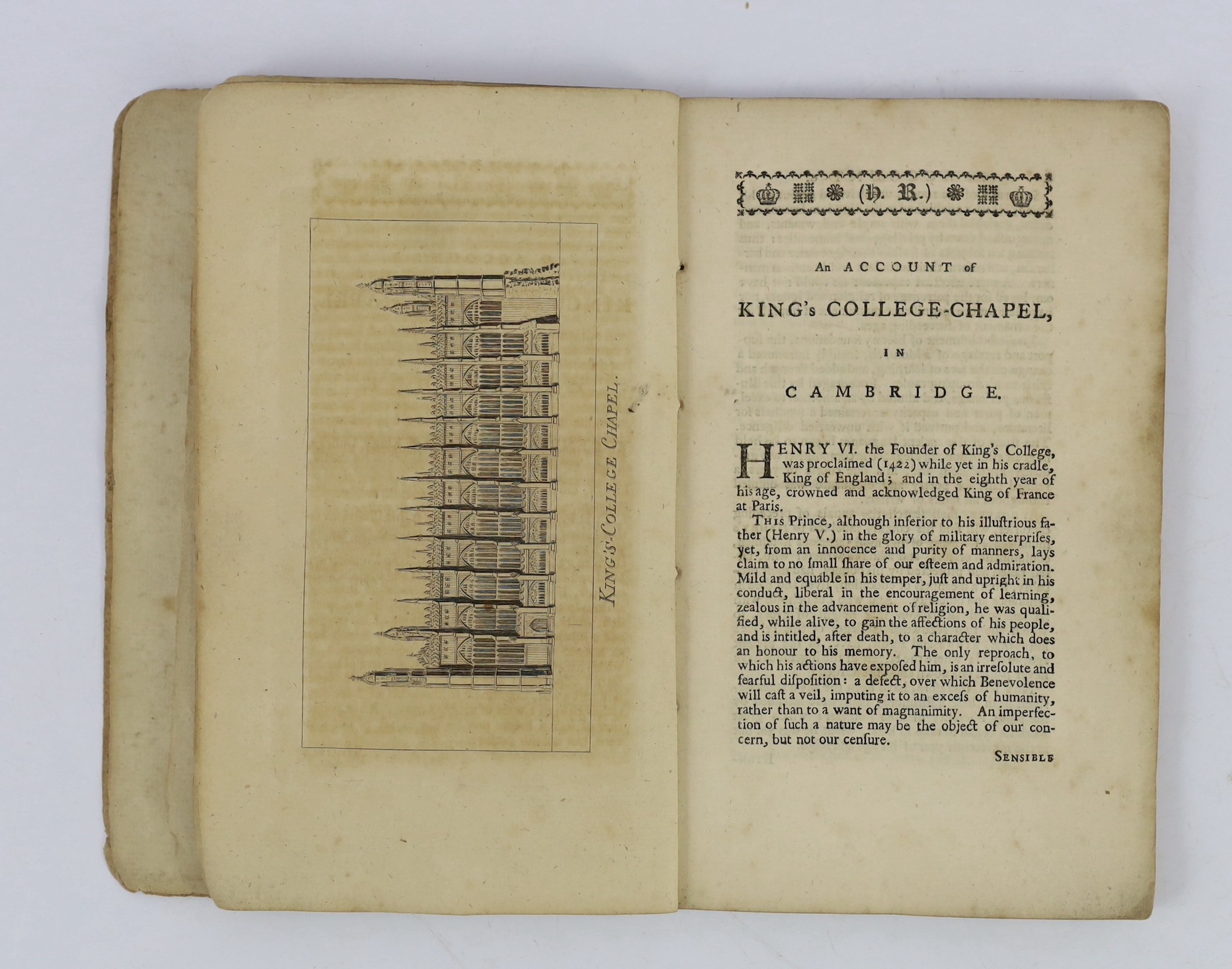 CAMBS: Malden, Henry - An Account of King's College Chapel, in Cambridge ... portrait frontis, & plate; old grey wrappers. Cambridge: printed for the Author ... 1769